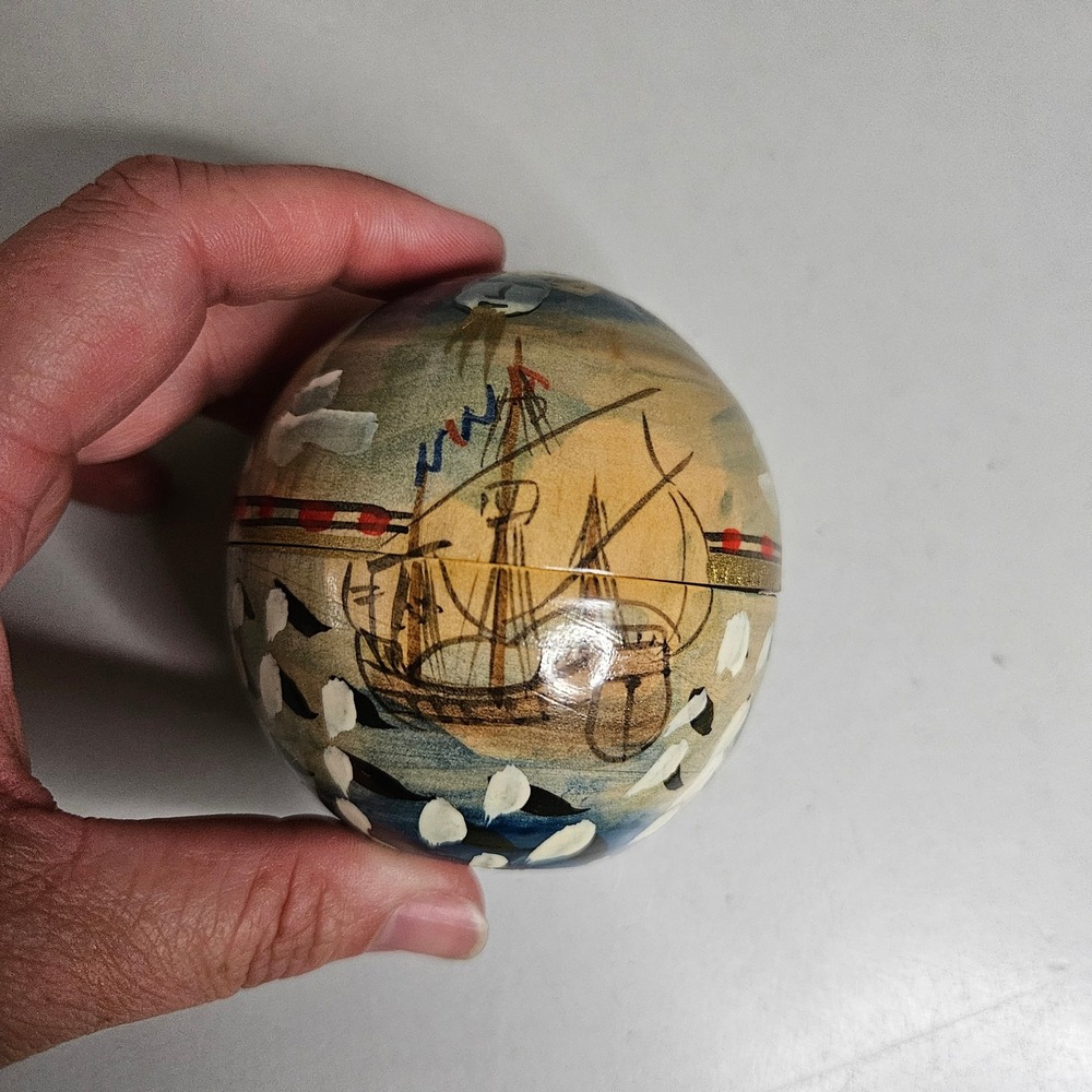 Vtg Authentic Models Hand Painted Wooden Nesting Orbs Nautical Map Ship 4 Piece